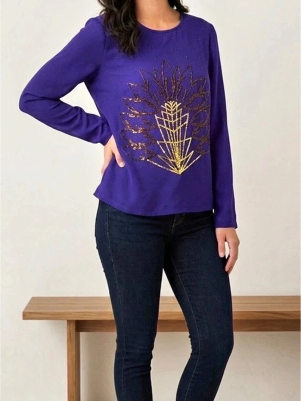 Moon Collection Embellished Leaf Top Purple Long Sleeve Top Size Small